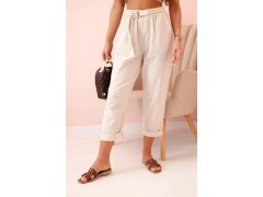 Dámské lněné kalhoty s&nbsp;bavlnou a&nbsp;páskem béžové