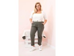 Dámské bavlněné kalhoty Plus Size s páskem khaki