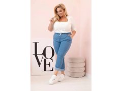 Dámské bavlněné kalhoty Plus Size s&nbsp;elastickým pasem a&nbsp;zavazováním světlý denim