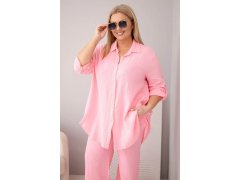 Dámská mušelínová souprava Plus size s košilí zapínanou na knoflíky a s kalhotami se širokou nohavicí bonbónová růžová