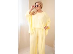 Dámský komplet Plus Size z viskózy se širokými kalhotami a halenkou žlutý
