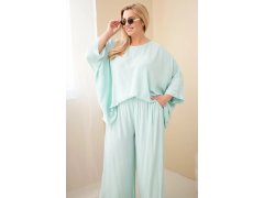 Dámský komplet Plus Size z viskózy se širokými kalhotami a halenkou mátový