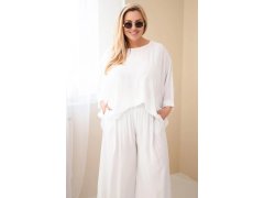 Dámský komplet Plus Size z viskózy se širokými kalhotami a halenkou bílý