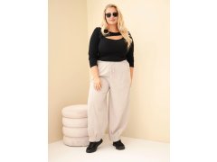 Dámské kalhoty bavlněné Plus Size manšestrové s gumou v pase a kapsami béžové