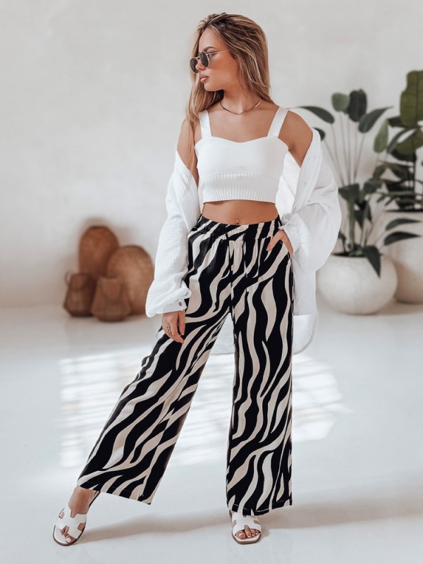 Dámské pruhované kalhoty se širokými nohavicemi ZEBRAVIBE UY2653 béžovo-černé - FashionStreet - Dámské oblečení kalhoty