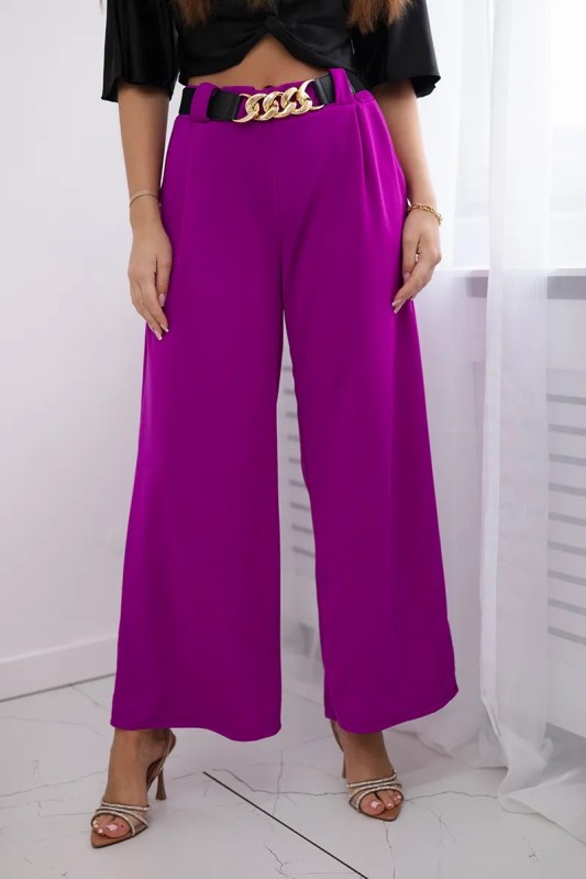 Viskózové kalhoty s širokými nohavicemi tmavě fialová