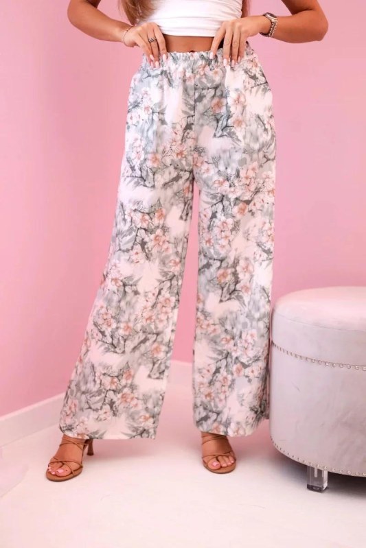 Dámské široké kalhoty s&nbsp;květinovým potiskem tmavá máta - Dámské oblečení kalhoty