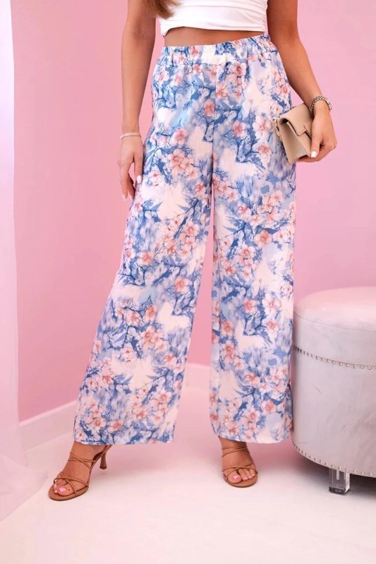 Dámské široké kalhoty s květinovým potiskem modrý