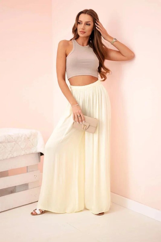 Široké dámské kalhoty z viskózy s elastickým pasem žluté