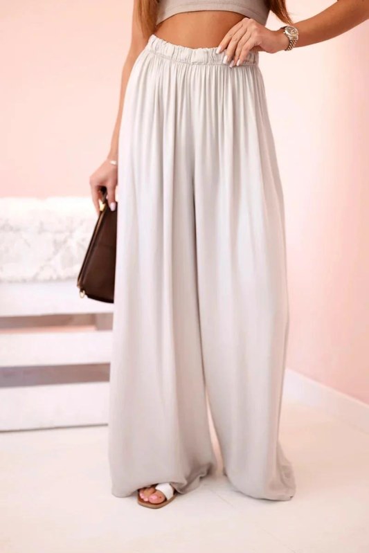 Široké dámské kalhoty z&nbsp;viskózy s&nbsp;elastickým pasem tmavě béžové