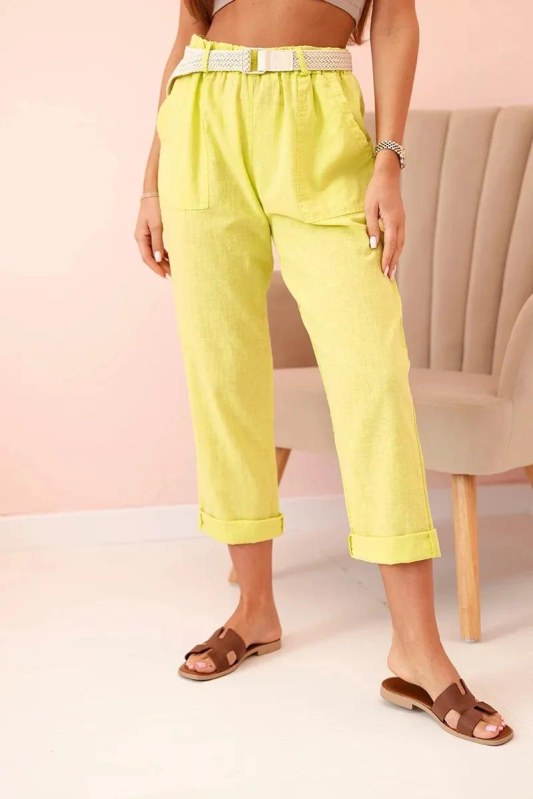 Dámské lněné kalhoty s bavlnou a páskem kiwi