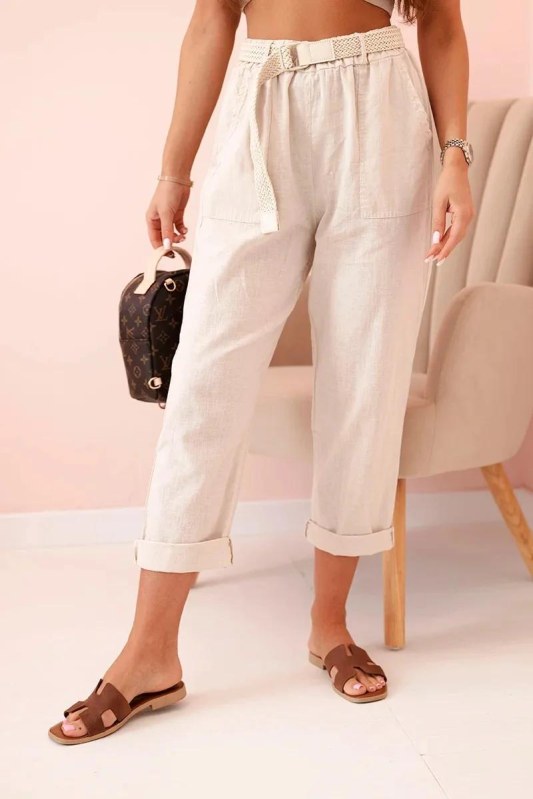 Dámské lněné kalhoty s&nbsp;bavlnou a&nbsp;páskem béžové - Dámské oblečení kalhoty