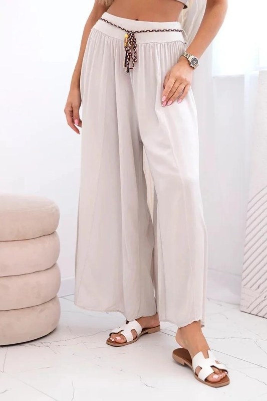 Dámské kalhoty z&nbsp;viskózy se širokými nohavicemi tmavě béžová - Dámské oblečení kalhoty