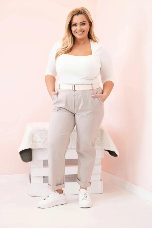 Dámské bavlněné kalhoty Plus Size s páskem tmavě béžová