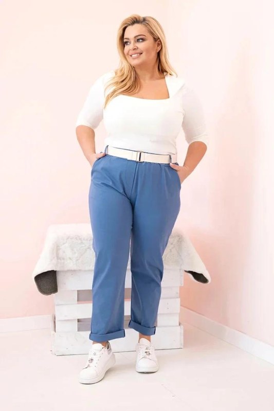 Dámské bavlněné kalhoty Plus Size s&nbsp;páskem džínovina - Dámské oblečení kalhoty