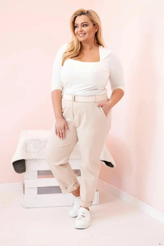 Dámské bavlněné kalhoty Plus Size s&nbsp;páskem světle béžová - Dámské oblečení kalhoty