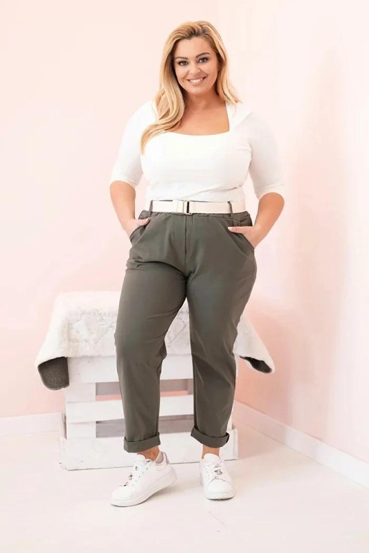 Dámské bavlněné kalhoty Plus Size s&nbsp;páskem khaki - Dámské oblečení kalhoty