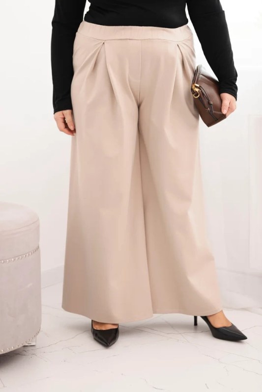 Dámské kalhoty Plus Size s širokými nohavicemi a plisováním béžové