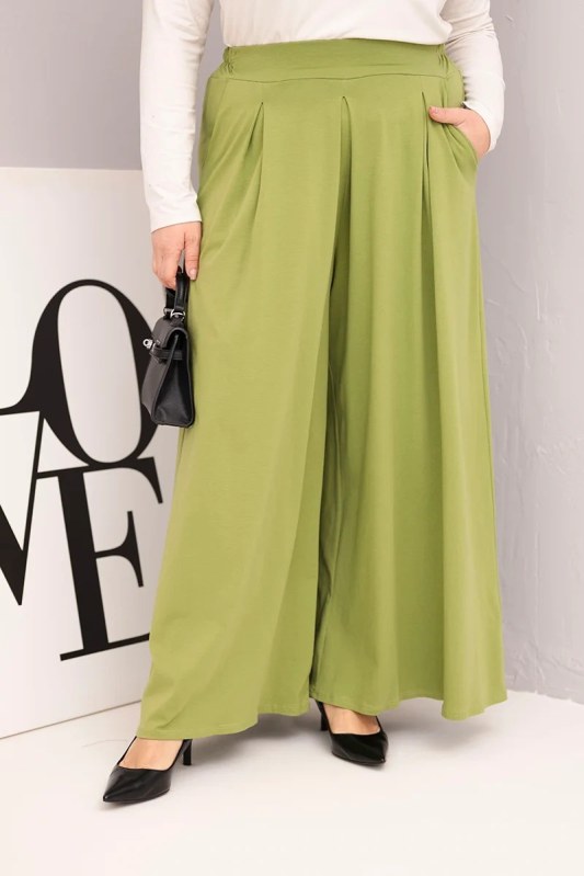Dámské bavlněné kalhoty Plus Size s&nbsp;širokým střihem a&nbsp;volným střihem pistáciové - Dámské oblečení kalhoty