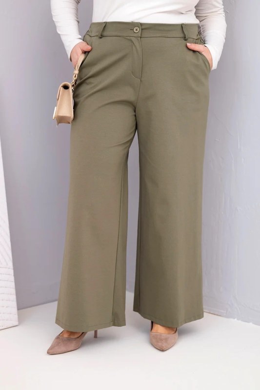 Dámské kalhoty Plus Size se širokou nohavicí a vysokým pasem khaki