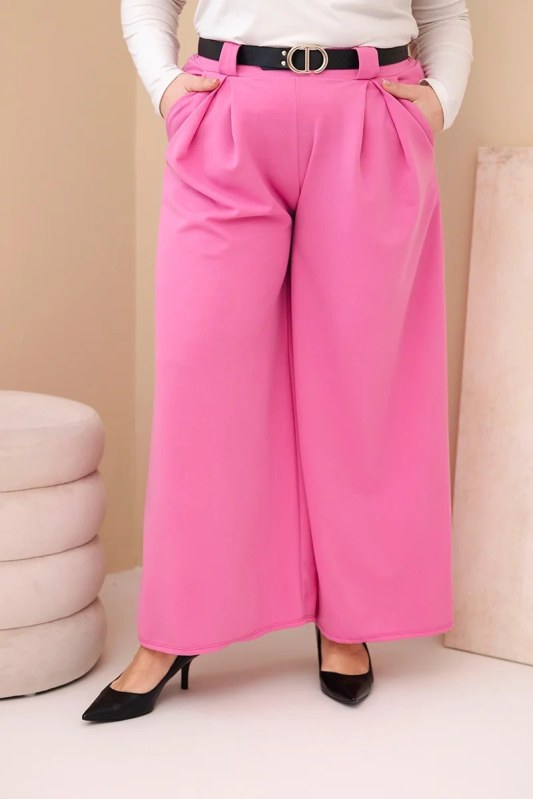 Dámské kalhoty Plus Size viskózové s širokým nohavicí a páskem růžové