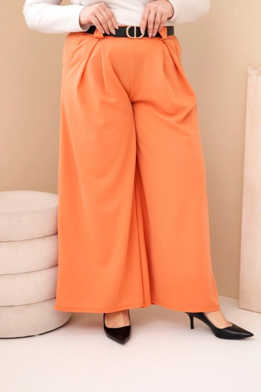 Dámské kalhoty Plus Size viskózové s&nbsp;širokou nohavicí a&nbsp;pásem meruňkové - Dámské oblečení kalhoty