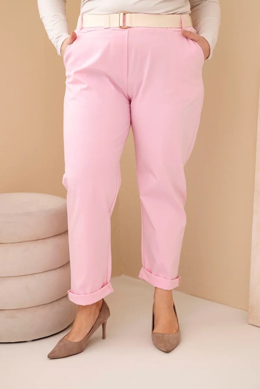 Dámské bavlněné kalhoty Plus Size s páskem světle růžové