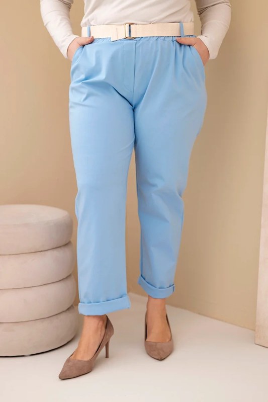 Dámské bavlněné kalhoty Plus Size s&nbsp;páskem modré - Dámské oblečení kalhoty