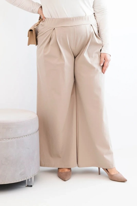Dámské kalhoty Plus Size se širokými nohavicemi a plizováním tmavě béžové