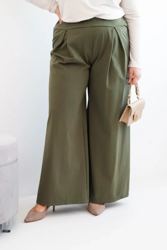 Dámské kalhoty Plus Size s širokými nohavicemi a plisováním khaki