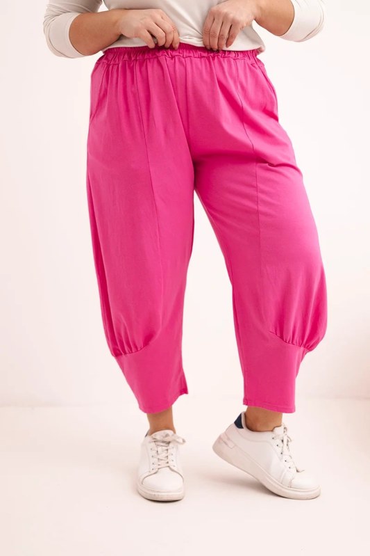 Dámské kalhoty Plus Size s&nbsp;nízkým sedem a&nbsp;gumou v&nbsp;pase růžové - Dámské oblečení kalhoty
