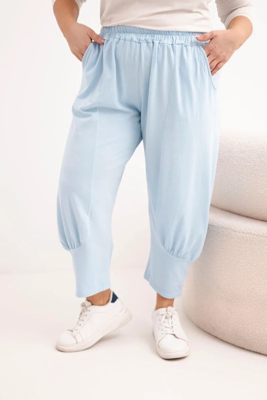 Dámské kalhoty Plus Size s nízkým sedem a gumou v pase modré