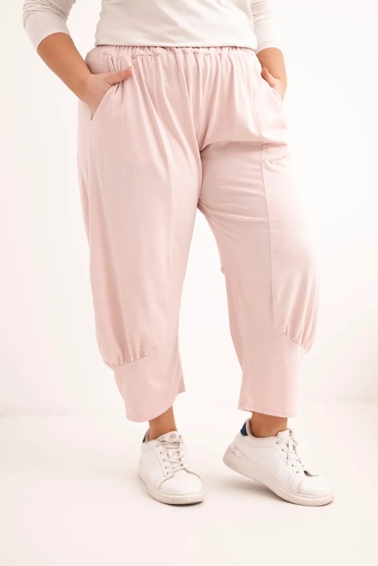 Dámské kalhoty Plus Size s nízkým sedem a gumou v pase tmavě pudrově růžové