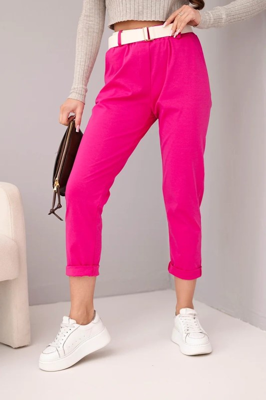 Dámské bavlněné kalhoty s páskem a ohrnutými nohavicemi fuksja