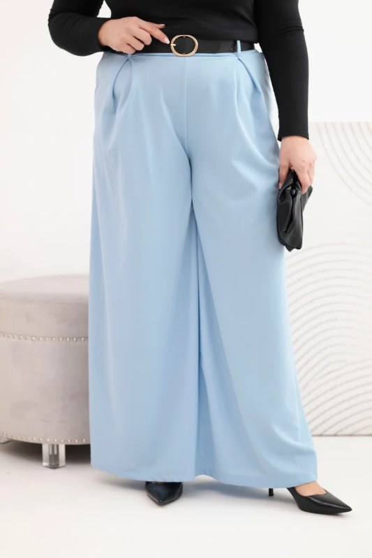 Dámské kalhoty Plus Size se širokou nohavicí a páskem modré