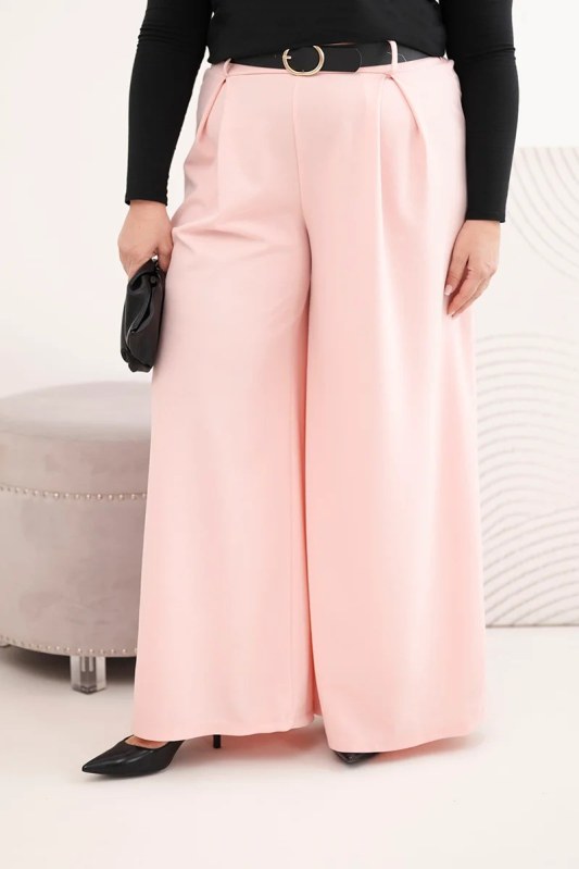 Dámské kalhoty Plus Size s širokou nohavicí a páskem pudrově růžové