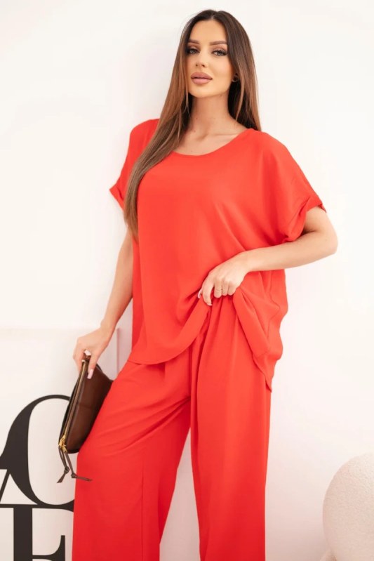 Dámský komplet Plus Size halenka a kalhoty s širokou nohavicí červený