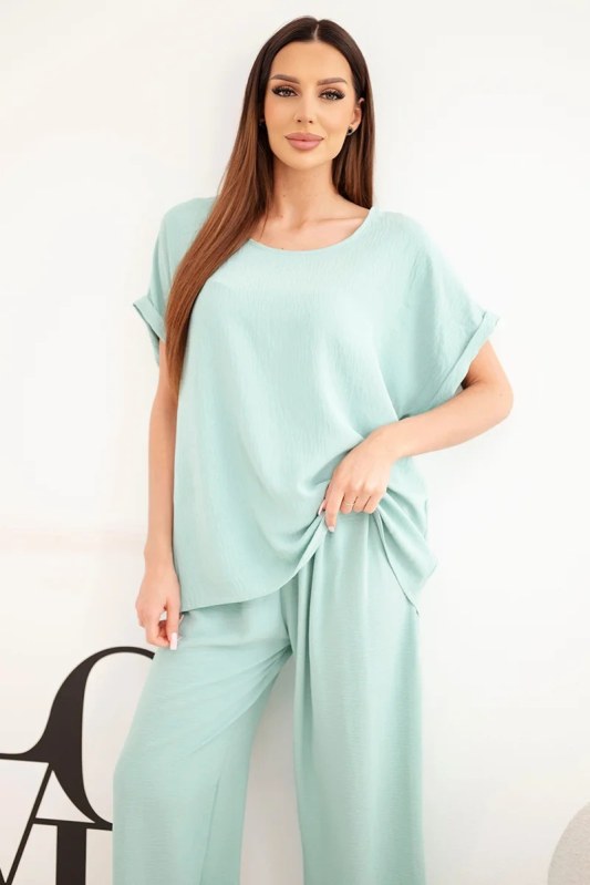 Dámský komplet Plus Size halenka a kalhoty se širokými nohavicemi tmavě mentolová