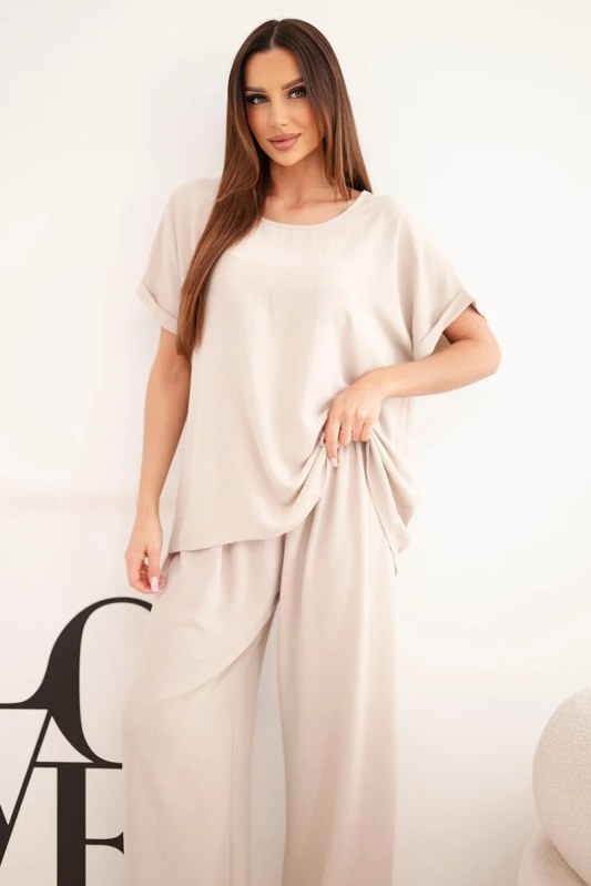 Dámský komplet Plus Size halenka a kalhoty se širokými nohavicemi béžová