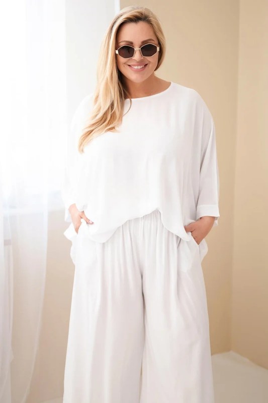 Dámský komplet Plus Size z viskózy se širokými kalhotami a halenkou bílý