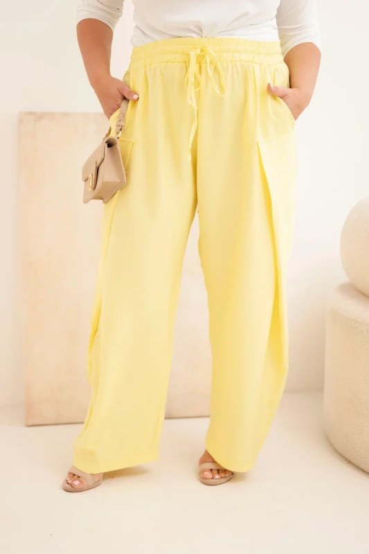Dámské bavlněné kalhoty Plus Size s gumou v pase žluté