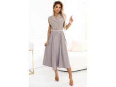 596-2 Elegantní midi košilka se zlatými knoflíky a&nbsp;páskem - GREY BEige