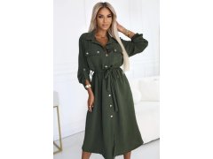 531-5 Midi košilka se zlatými knoflíky a&nbsp;vázáním - KHAKI