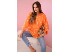 Lněná dámská halenka s&nbsp;květinovým vzorem, dlouhými rukávy a&nbsp;knoflíky Oranžová