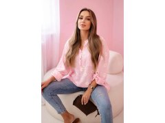 Lněná dámská halenka s&nbsp;květinovým vzorem, dlouhými rukávy a&nbsp;knoflíky Cukrová růžová