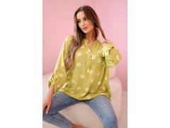 Lněná dámská halenka s květinovým vzorem, dlouhými rukávy a knoflíky kiwi