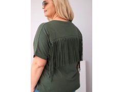 Dámská bavlněná halenka Plus Size s výstřihem do V a třásněmi na zádech khaki