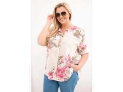 Dámská bavlněná halenka Plus Size s výstřihem do V s květinovým vzorem béžová