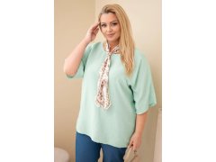 Dámská viskózová halenka Plus Size s krátkým rukávem a ozdobným šátkem tmavě mentolová