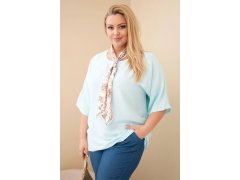 Dámská viskózová halenka Plus Size s krátkým rukávem a ozdobným šátkem mentolová